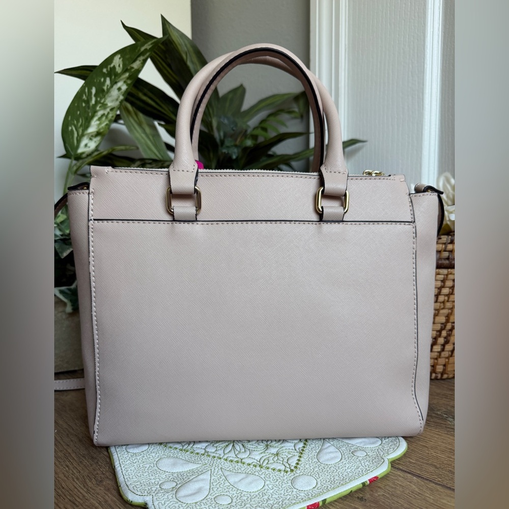 Trina Turk Vegan Leather Satchel Crossbody Bag in Nude w/Black Trim - Picture 10 of 12